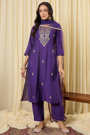 Violet Embroidered Silk Blend Kurti Pant Set (IDKH9PR12333)