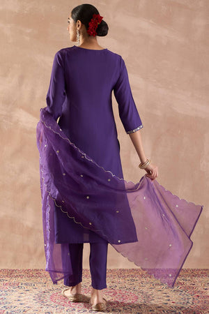 Violet Embroidered Silk Blend Kurti Pant Set (IDKH9PR12335)