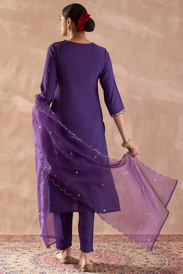 Violet Embroidered Silk Blend Kurti Pant Set (IDKH9PR12335)