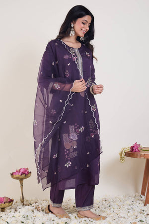 Violet Embroidered Silk Blend Kurti Pant Set (IDKH9PR12425)