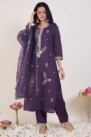 Violet Embroidered Silk Blend Kurti Pant Set (IDKH9PR12425)