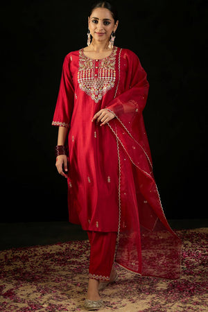 Red Floral Embroidered Liva Kurti Pant Set (IDKH9RD9488)