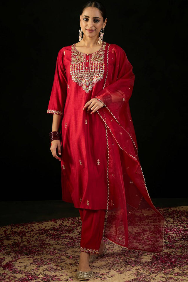 Red Floral Embroidered Liva Kurti Pant Set (IDKH9RD9488)