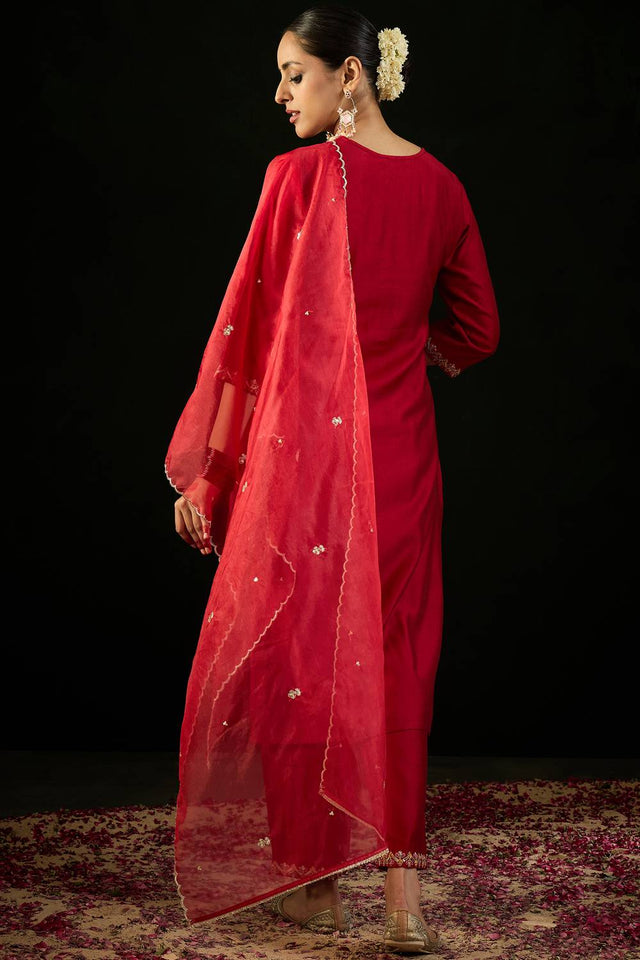 Red Floral Embroidered Liva Kurti Pant Set (IDKH9RD9488)