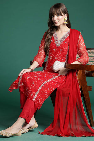 Red Floral Embroidered Silk Kurti Pant Set (IDKH9RD9976)