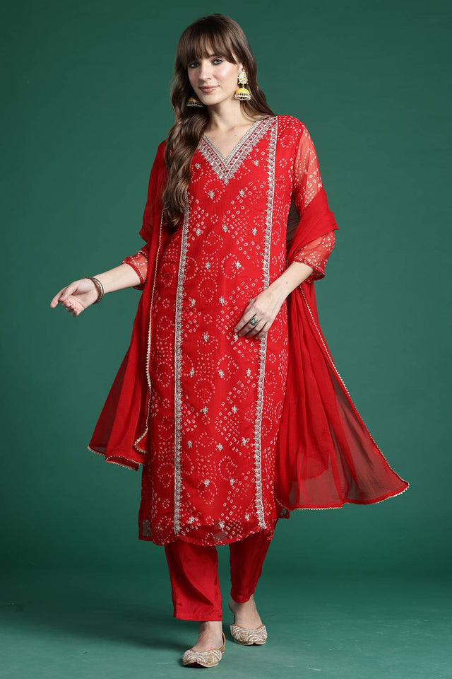 Red Floral Embroidered Silk Kurti Pant Set (IDKH9RD9976)