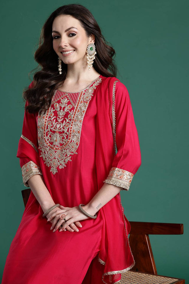 Pink Solid Silk Blend Kurti Pant Set (IDKH9RP11157)