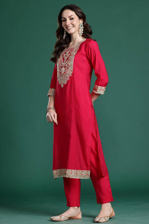 Pink Solid Silk Blend Kurti Pant Set (IDKH9RP11157)
