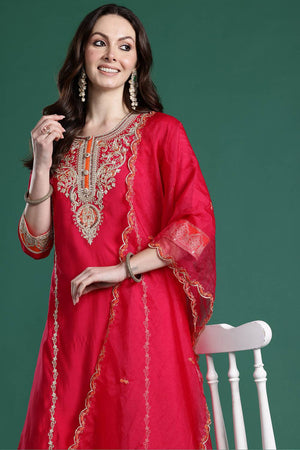 Pink Floral Embroidered Silk Blend Kurti Pant Set (IDKH9RP11159)
