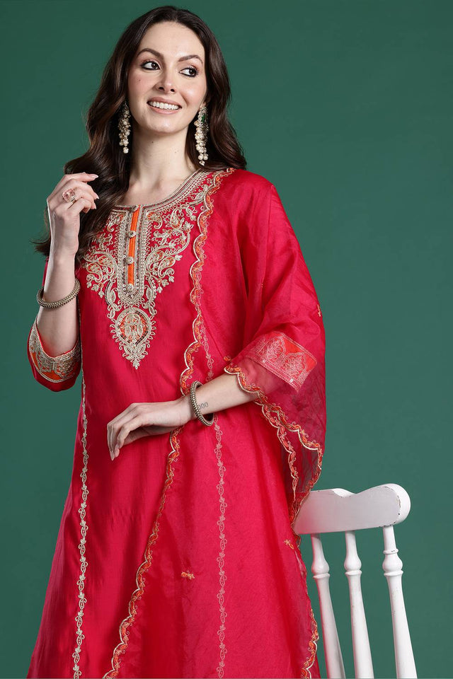 Pink Floral Embroidered Silk Blend Kurti Pant Set (IDKH9RP11159)