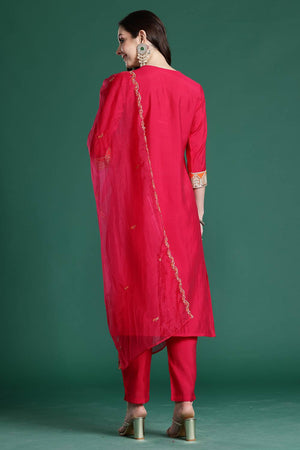 Pink Floral Embroidered Silk Blend Kurti Pant Set (IDKH9RP11159)