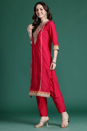 Pink Floral Embroidered Silk Blend Kurti Pant Set (IDKH9RP11159)