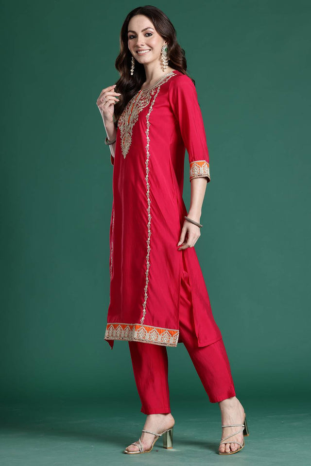 Pink Floral Embroidered Silk Blend Kurti Pant Set (IDKH9RP11159)
