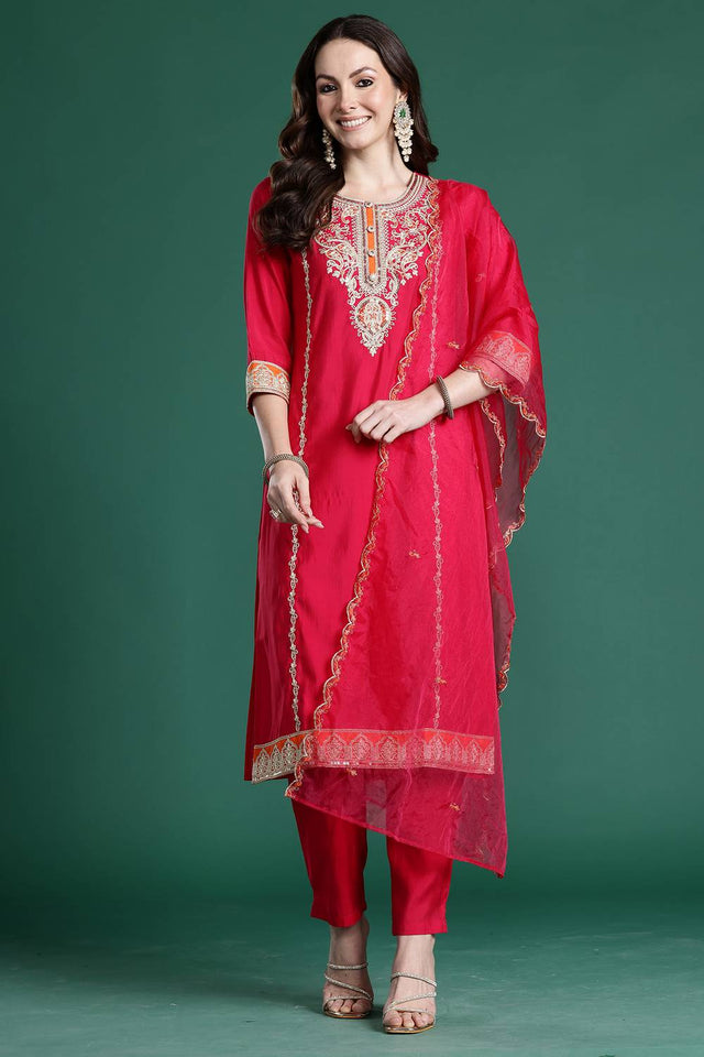 Pink Floral Embroidered Silk Blend Kurti Pant Set (IDKH9RP11159)