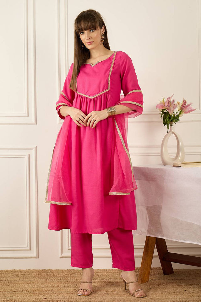 Pink Solid Cotton Blend Kurti Pant Set (IDKH9RP11643)
