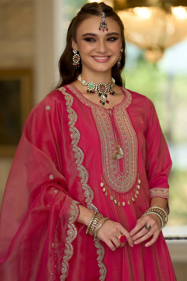 Pink Embroidered Silk Blend Kurti Pant Set (IDKH9RP11914)