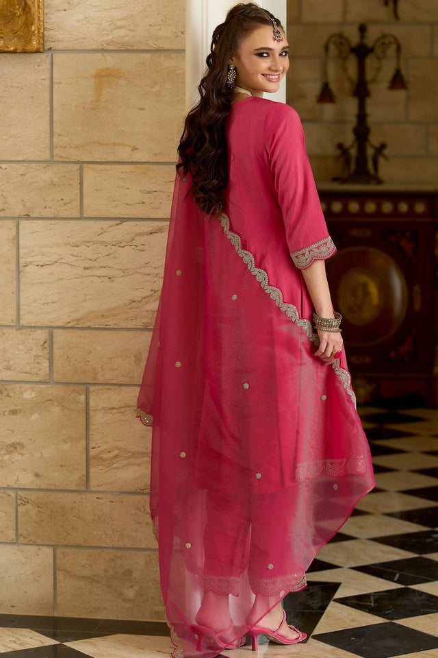Pink Embroidered Silk Blend Kurti Pant Set (IDKH9RP11914)