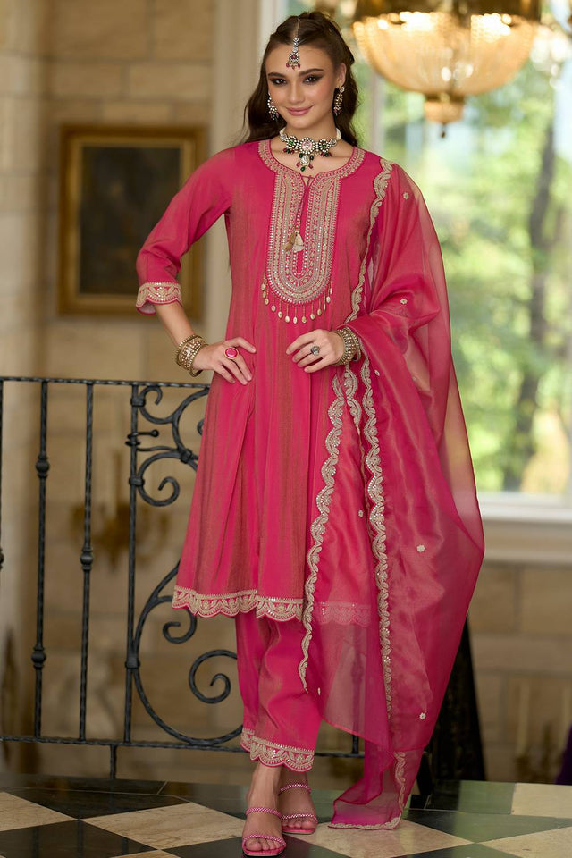 Pink Embroidered Silk Blend Kurti Pant Set (IDKH9RP11914)
