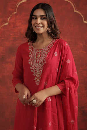 Pink Embroidered Silk Blend Kurti Pant Set (IDKH9RP12272)