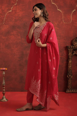 Pink Embroidered Silk Blend Kurti Pant Set (IDKH9RP12272)