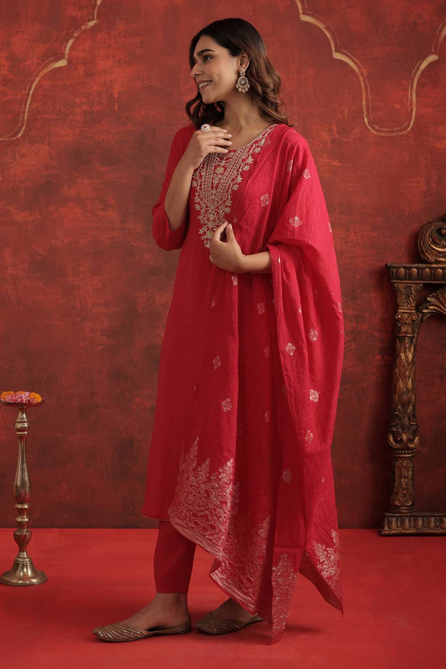 Pink Embroidered Silk Blend Kurti Pant Set (IDKH9RP12272)
