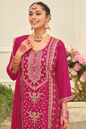 Pink Embroidered Silk Blend Kurti Pant Set (IDKH9RP12452)