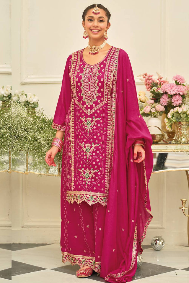 Pink Embroidered Silk Blend Kurti Pant Set (IDKH9RP12452)