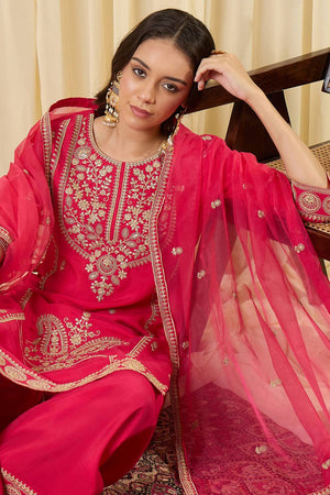 Pink Embroidered Silk Blend Kurti Pant Set (IDKH9RP12461)