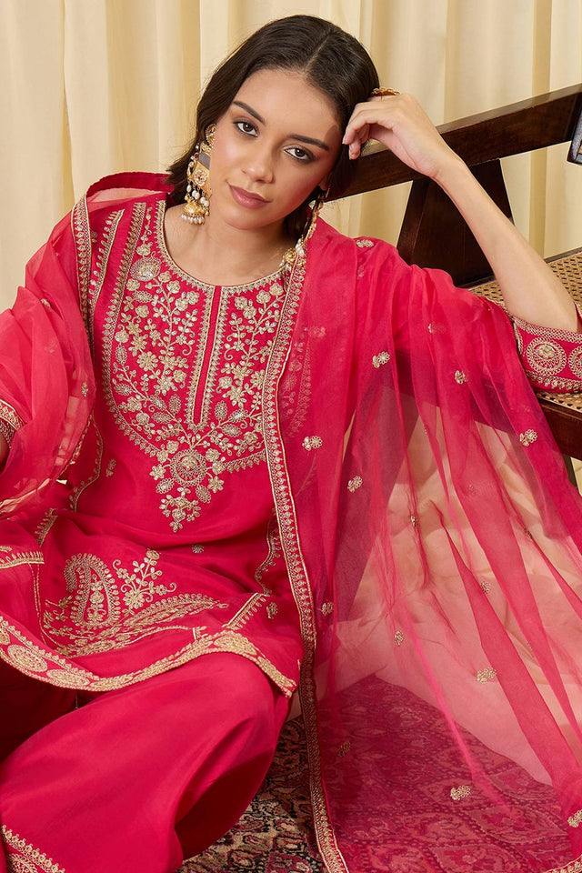 Pink Embroidered Silk Blend Kurti Pant Set (IDKH9RP12461)