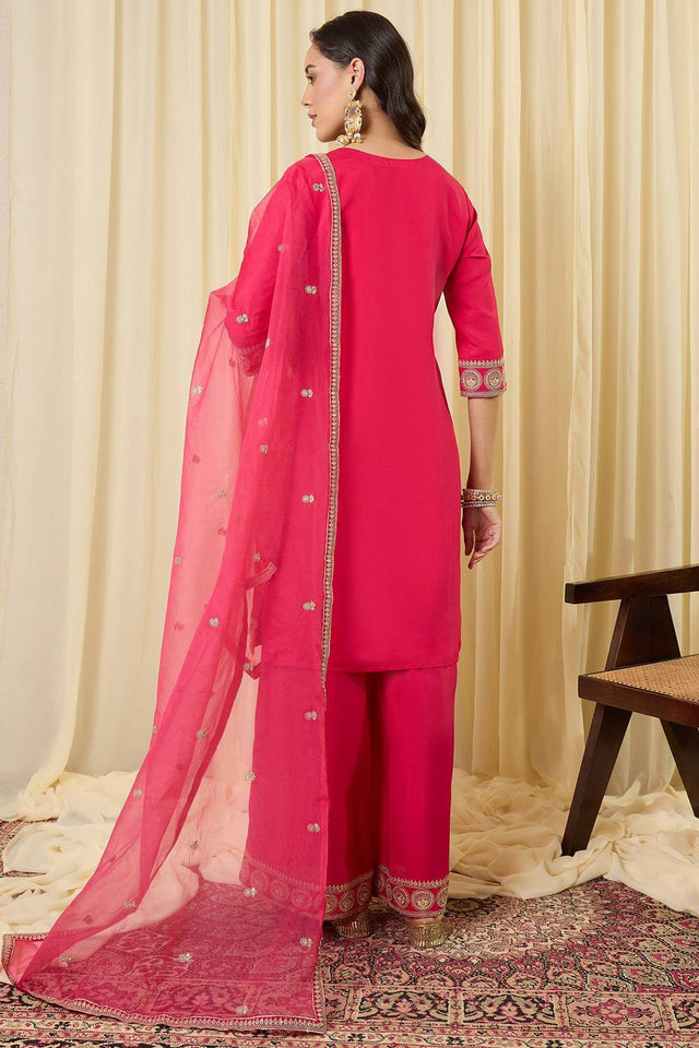Pink Embroidered Silk Blend Kurti Pant Set (IDKH9RP12461)