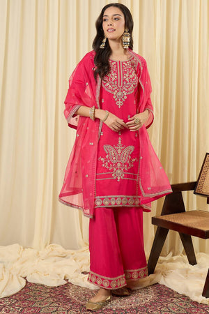 Pink Embroidered Silk Blend Kurti Pant Set (IDKH9RP12461)