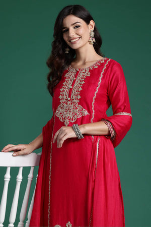 Magenta Embroidered Silk Blend Kurti Pant Set (IDKH9RP6882)