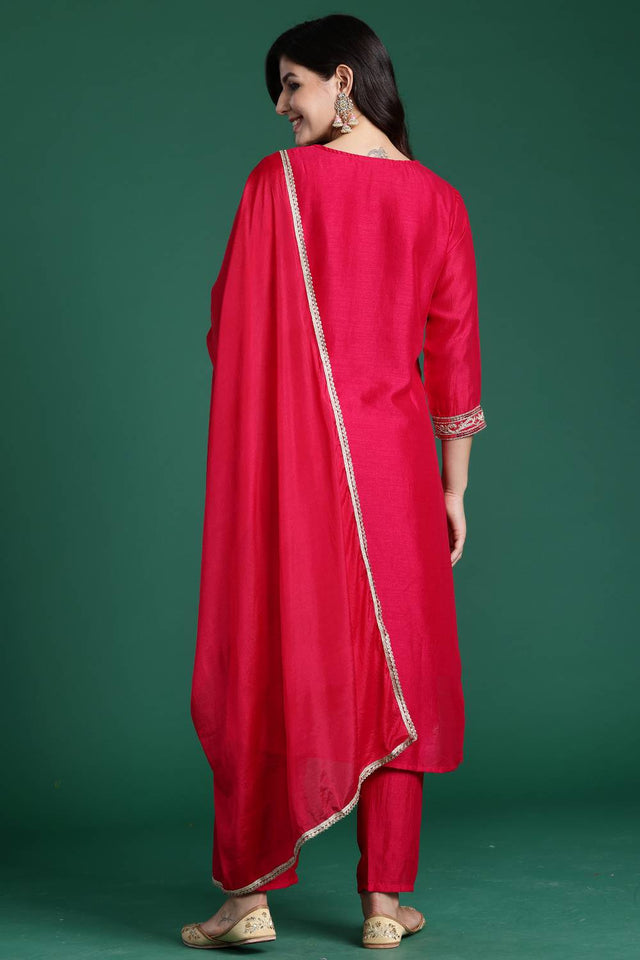 Magenta Embroidered Silk Blend Kurti Pant Set (IDKH9RP6882)