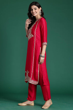 Magenta Embroidered Silk Blend Kurti Pant Set (IDKH9RP6882)