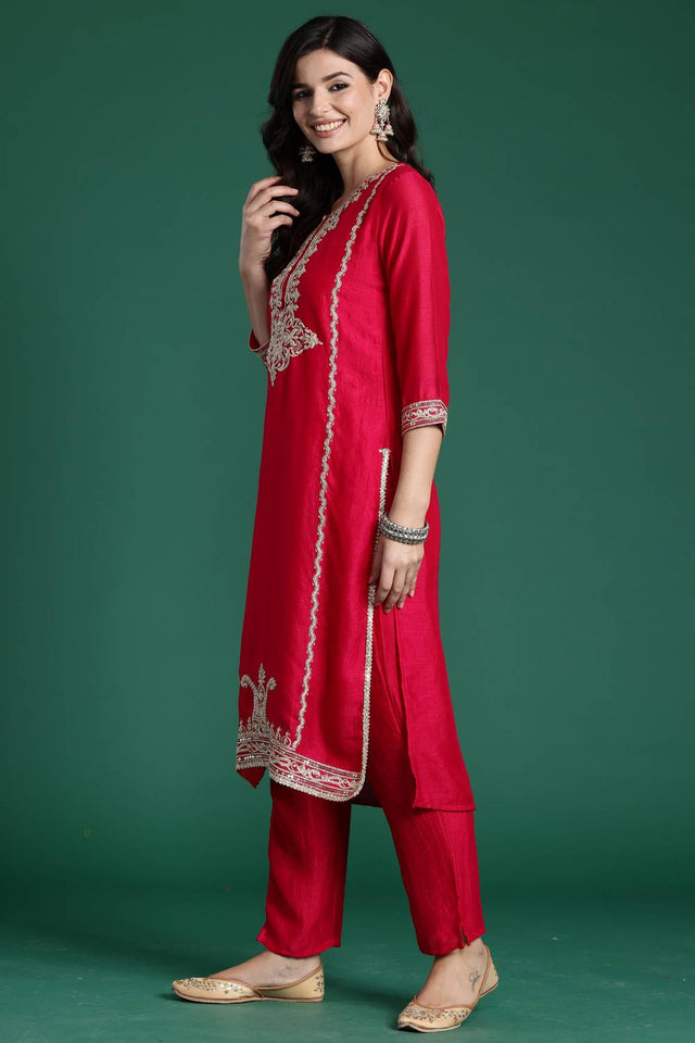 Magenta Embroidered Silk Blend Kurti Pant Set (IDKH9RP6882)