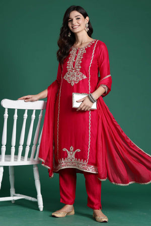 Magenta Embroidered Silk Blend Kurti Pant Set (IDKH9RP6882)