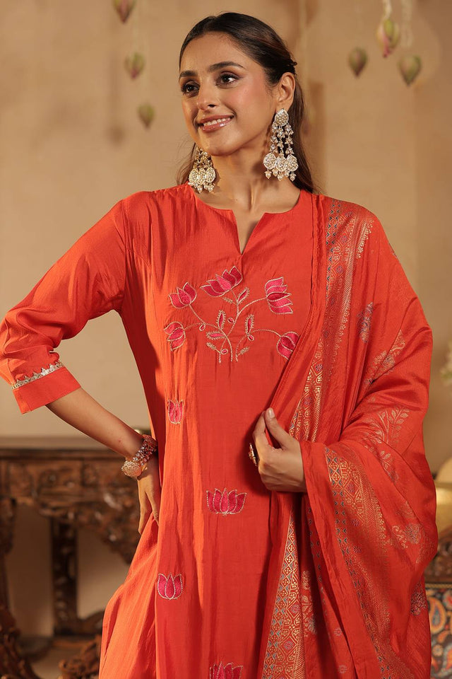 Rust Floral Embroidered Silk Blend Kurti Pant Set (IDKH9RT11989)