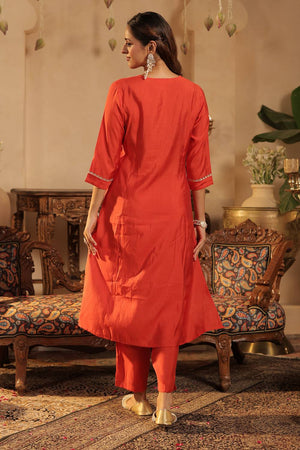 Rust Floral Embroidered Silk Blend Kurti Pant Set (IDKH9RT11989)