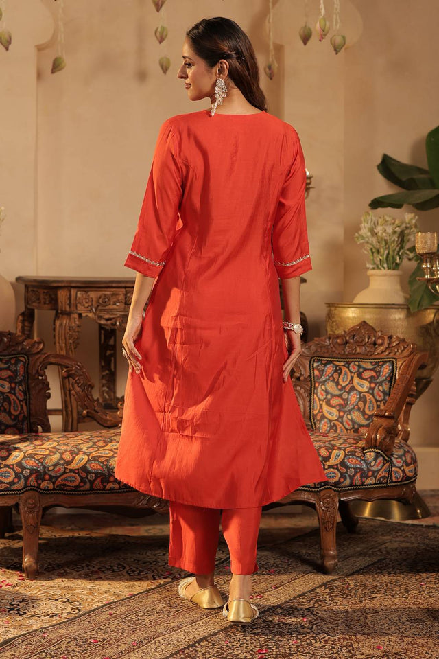 Rust Floral Embroidered Silk Blend Kurti Pant Set (IDKH9RT11989)