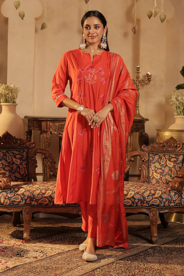 Rust Floral Embroidered Silk Blend Kurti Pant Set (IDKH9RT11989)