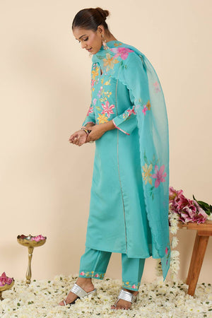 Sea Green Embroidered Silk Blend Kurti Pant Set (IDKH9SG11610)
