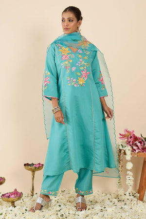 Sea Green Embroidered Silk Blend Kurti Pant Set (IDKH9SG11610)