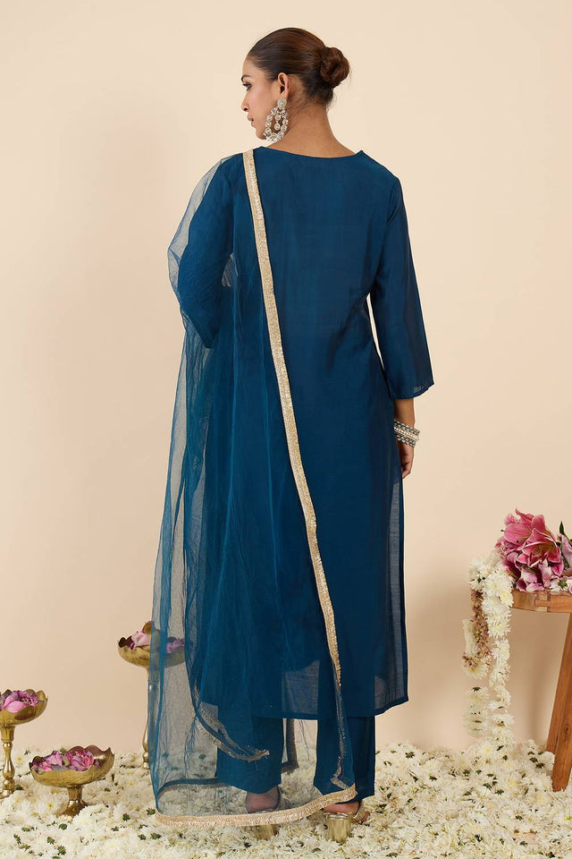 Turquoise Embroidered Silk Blend Kurti Pant Set (IDKH9TL12334)