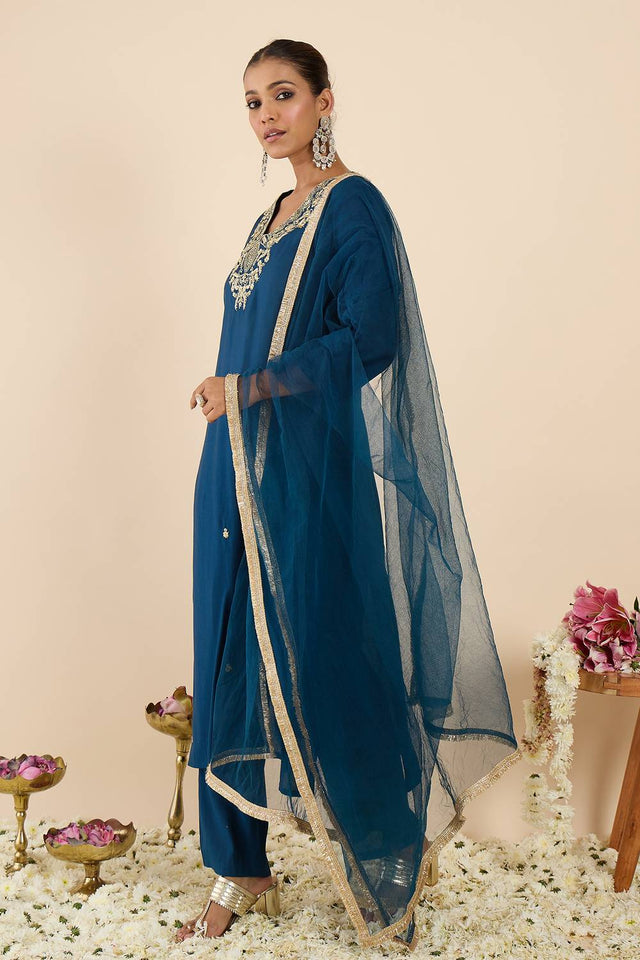 Turquoise Embroidered Silk Blend Kurti Pant Set (IDKH9TL12334)