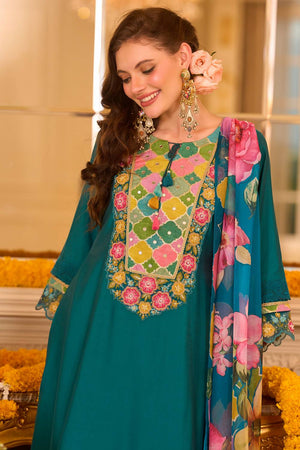 Turquoise Embroidered Silk Blend Kurti Pant Set (IDKH9TL12377)