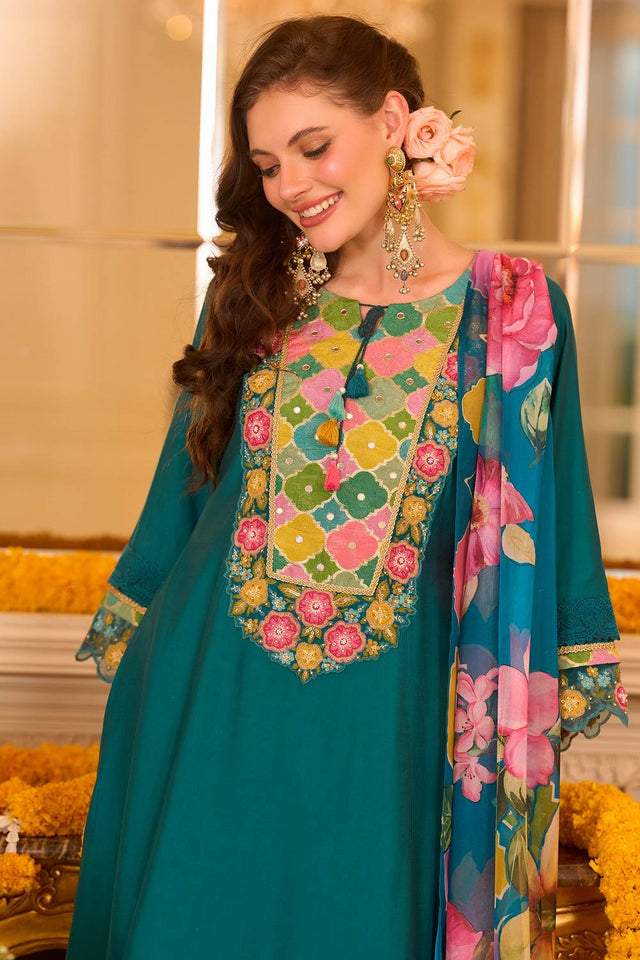 Turquoise Embroidered Silk Blend Kurti Pant Set (IDKH9TL12377)