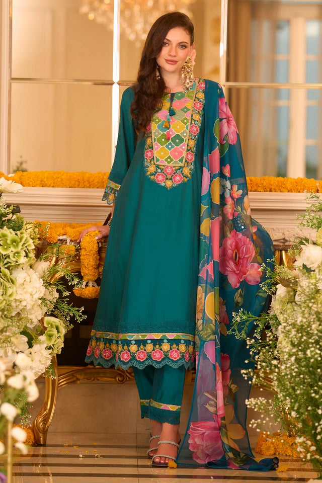 Turquoise Embroidered Silk Blend Kurti Pant Set (IDKH9TL12377)
