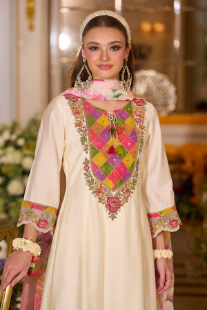 White Floral Embroidered Silk Blend Kurti Pant Set (IDKH9WH12374)