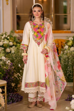 White Floral Embroidered Silk Blend Kurti Pant Set (IDKH9WH12374)