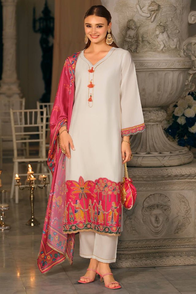 White Embroidered Silk Blend Kurti Pant Set (IDKH9WH12502)
